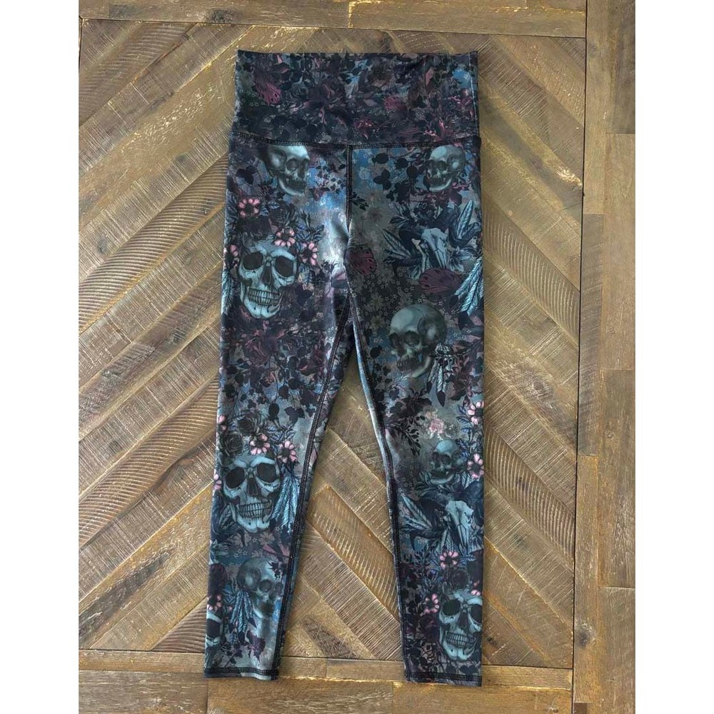 Evolution and Creation Women Floral Skull Leggings M2156 Teal Pink Gothic Medium